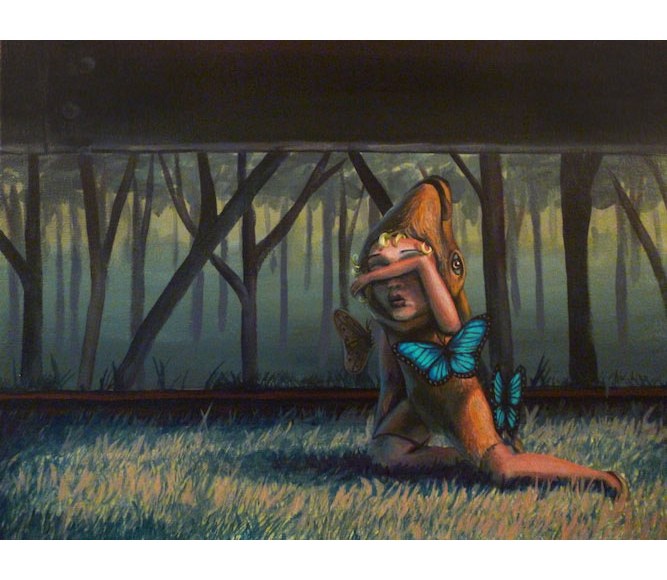 Deer Child Surrounded by Blue Butterflies near Train Tracks - Sarah Stupak