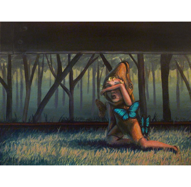 Deer Child Surrounded by Blue Butterflies near Train Tracks - Sarah Stupak